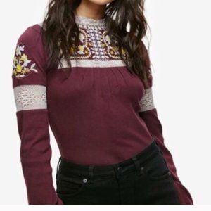 Free People Cozy On Up Embroidered Mock-Neck Top